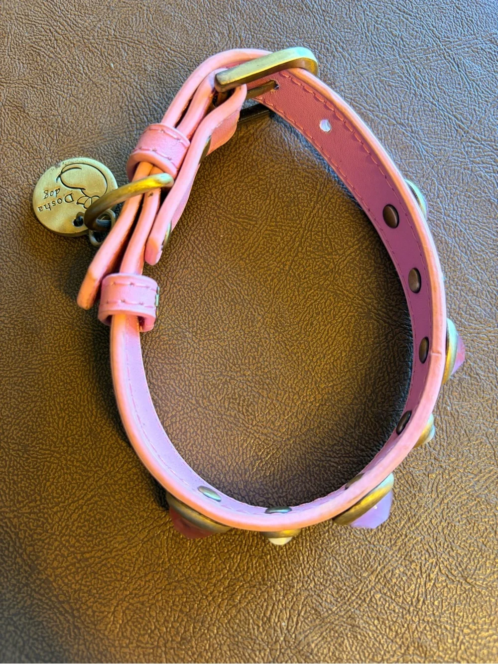 Pink Leather Gems Collar with Genuine Gemstones Crystals Jewels Brass Hardware